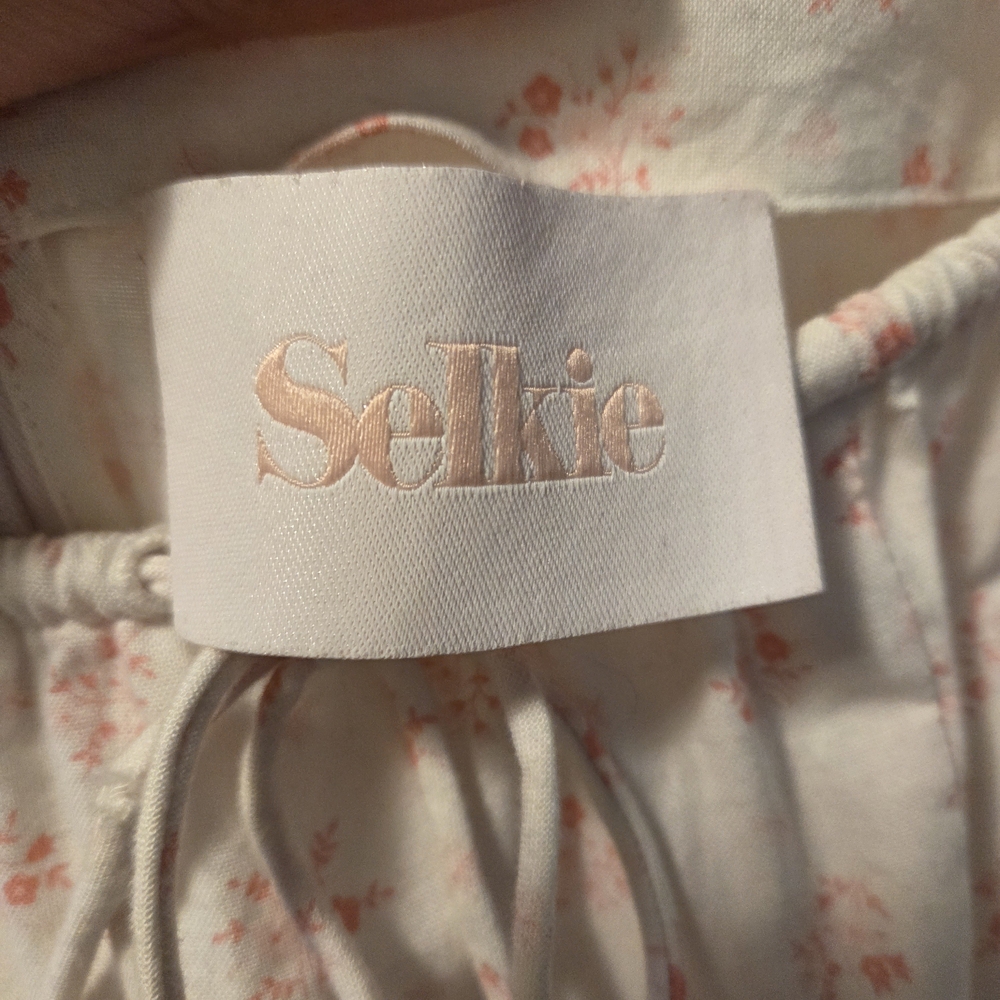 Selkie Pink Puff Sleeve Midi Dress with Subtle Floral Print - Picture 2 of 6